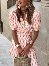 Fresh Colors Print Puff Sleeve Belted Lapel Blazer Tops