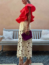 Retro Lace Floral Split Midi Skirt