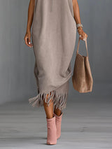 Elegant Faux Suede Fringe Hem Sleeveless Turtleneck Midi Dress