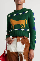 Retro Horse Diamond Pattern Crew Neck Sweater