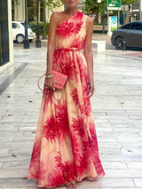 Elegant One-Shoulder Floral Print Tie-Waist Maxi Dress