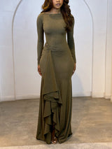 Elegant Asymmetric Ruched Ruffle Maxi Dress