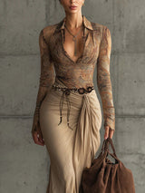 Retro Print Top And Skirt Two-piece Set