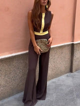 Retro Round Neck Classic Contrast Color Flared Jumpsuit