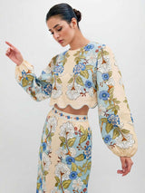 Retro Floral Embroidered Crop Top & Midi Skirt Two-Piece Set