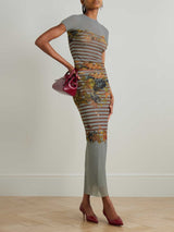 Artistic Floral Stripe Mesh Top & Midi Skirt Two-Piece Set