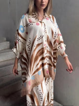 Unique Bohe Print Colorblock Drop Shoulder Sleeve Loose Fit Oversized Button Shirt