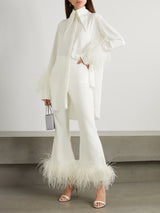 Elegant Satin Feather Trim Wide-Leg Pants