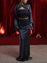 Elegant Satin Long-sleeved Crop Top And Skirt Two-piece Set