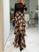 Retro Plaid Layered Ruffle Skirt Two-piece Set