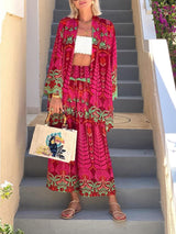 Unique Ethnic Floral Print With Elastic Waist Wide-Leg Pants