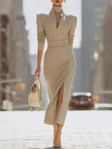 Elegant Suit-style Slit Fitted Midi Dress