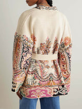 Classic Unique Print Belted Cotton-Linen Jacquard Cardigan