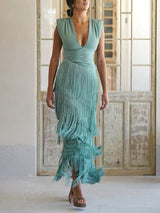Elegant V-neck Pleated Fringe Maxi Dress