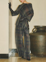 Asymmetric Draped Plaid Long-Sleeve Top