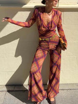 Unique Plaid Print Sheer V-Neck Top