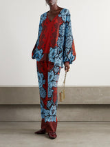 Unique Color-Block Print V-Neck Satin Loose Shirt