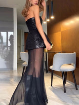 Elegant Sequined Mesh Skirt Two-piece Set