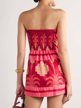 Retro Palm Print Ruched Cut-Out Back Strapless Mini Dress
