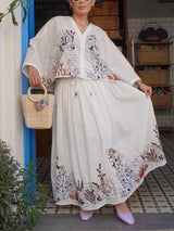 Elegant Embroidered Print Loose Tie Elastic Waist Skirt