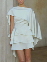 Elegant Asymmetrical Cape Ruffled Mini Dress