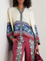 Exquisite Retro Satin Print Batwing Sleeve Shirt