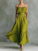 Fashion Linen Blend Bubble Slip Tank and High Rise Pocket A-line Maxi Skirt Set