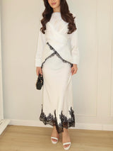 Elegant Satin Lace-trimmed Wrap Top Two-piece Set