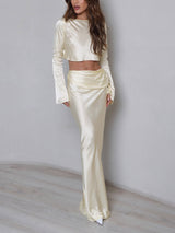 Elegant Satin Back Slit Sexy Short Sleeve Shirt