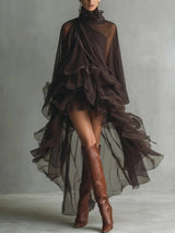 Elegant Ruffled Chiffon High-Neck Loose Midi Dress