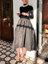 Elegant High-neck Velvet Patchwork Midi Dress