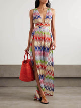 Casual Stripe Print Metallic Crochet Jumpsuit