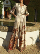 Elegant Palm Print Satin Elastic Waist Pocket Wide-Leg Jumpsuit