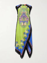 Exquisite Tassel Asymmetrical Print Satin Midi Dress