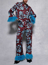 Retro Floral Print Satin Feather Sleeve Shirt