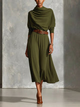 Elegant Draped Neck Knit Midi Dress