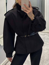 Modern Bold Stand Collar Button-Up Lantern Sleeve Loose Jacket