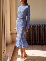 Elegant Lace Belted Long Sleeve Mermaid Midi Dress
