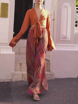 Casual Bell-Sleeve Tie-Up Top with Colorful Print High-Waisted Wide-Leg Pants Set