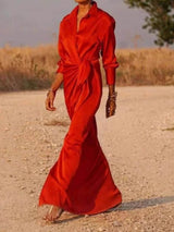 Modern Satin Wrap Shirt-Style Tie-Slit Maxi Dress