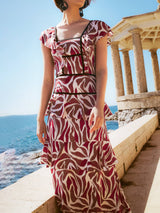 Retro Unique Layered Print Contrast Ruffle Trim Maxi Dress