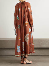 Retro Floral Print Linen-Cotton Blend Midi Dress