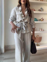 Classic Linen Elastic Waist Pocket Loose Wide Leg Pants