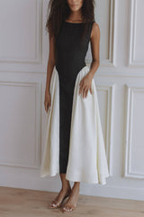 Exquisite Black and White Colorblock Pleated Pocket A-Line Midi Dress