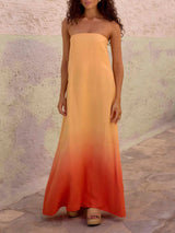 Unique Gradient Color Print Strapless Maxi Dress