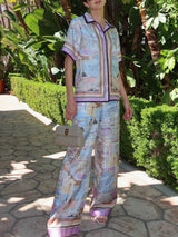 Unique Contrast Patchwork Print Loose Elastic Waist Pocket Wide Leg Pants