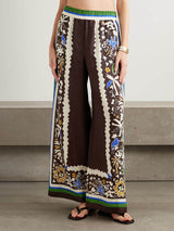 Unique Vintage Moroccan Print Linen Elastic Waist Pocket Wide-Leg Pants