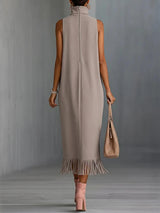 Elegant Faux Suede Fringe Hem Sleeveless Turtleneck Midi Dress