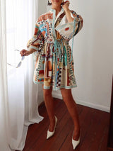 Unique Painted Pattern Print Lace-up Mini Dress