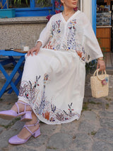 Elegant Embroidered Print Loose Tie Elastic Waist Skirt